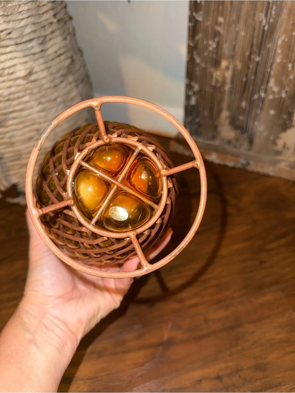 Vintage Caged Pineapple Copper Wire Blown Bubble Glass Candle Holder Enamel